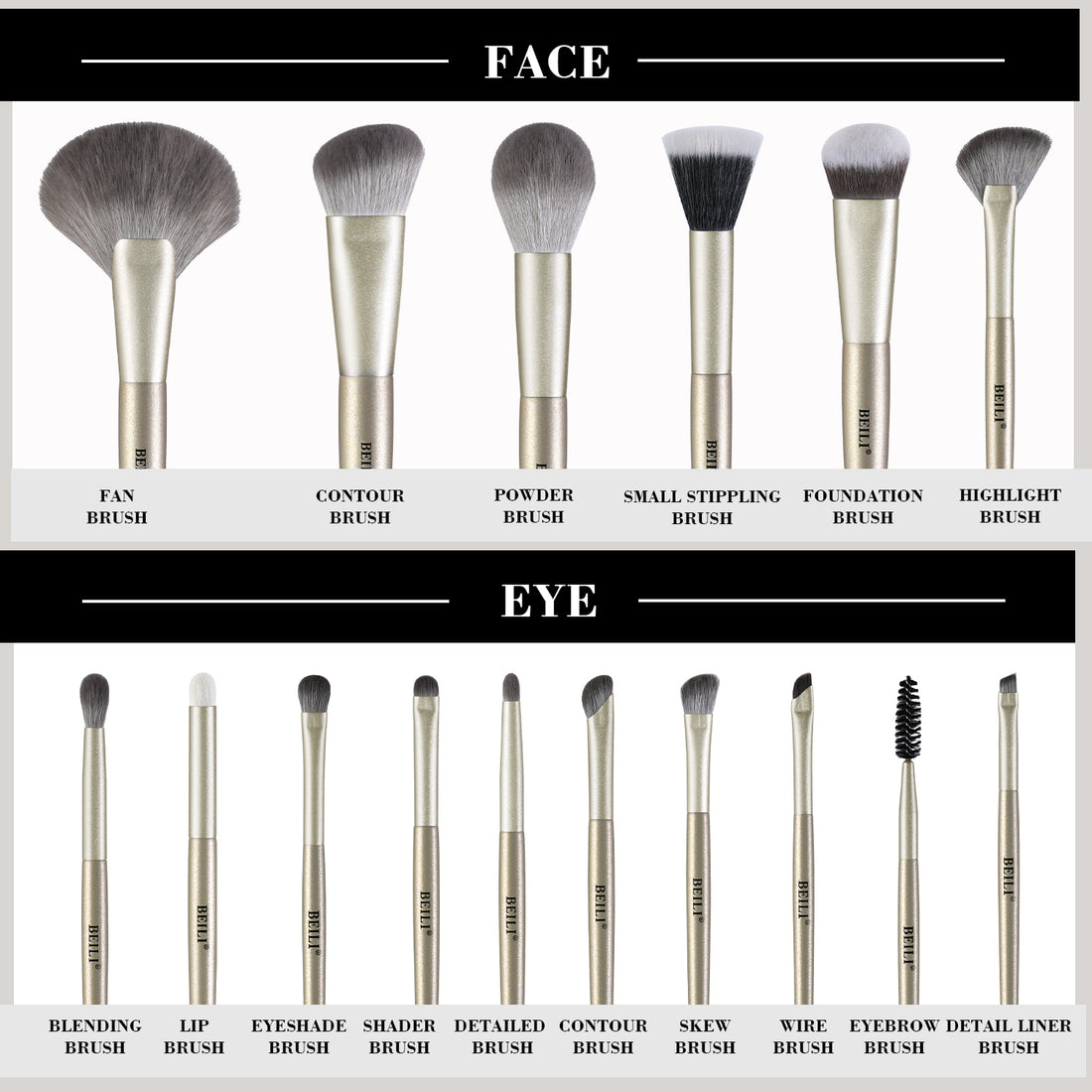 BEILI 16Pcs Individual Makeup Brush Set C16